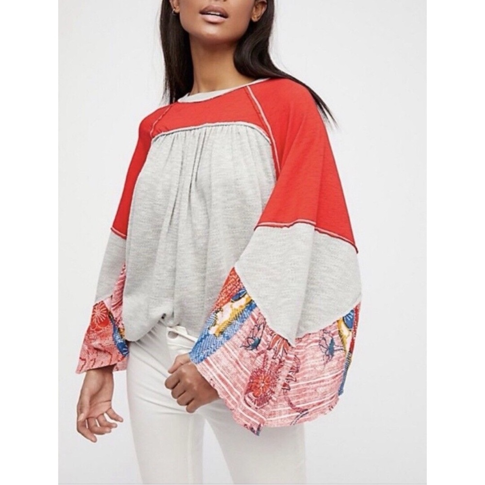 Free People Red and Gray Embroidered Blouse